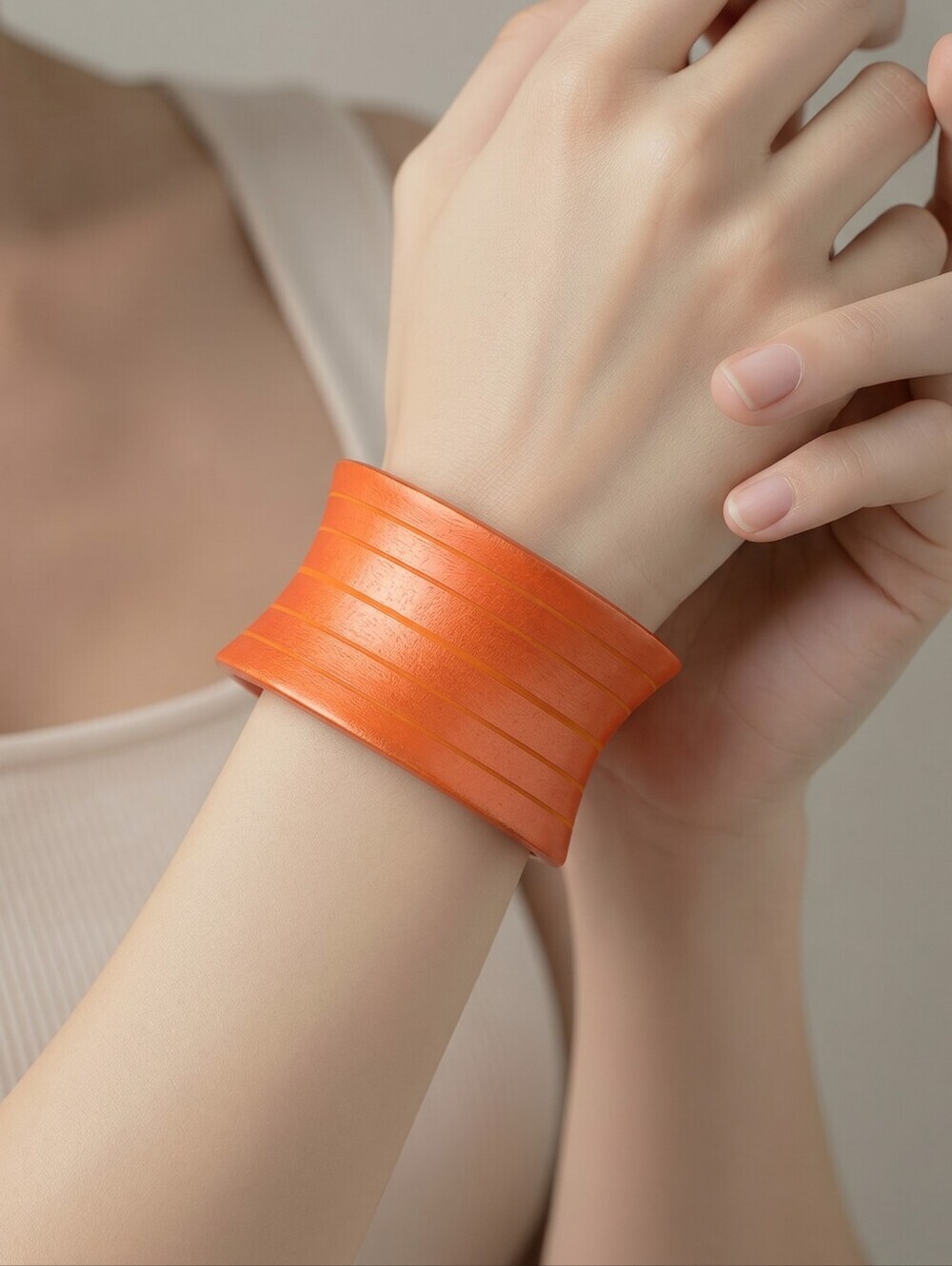 Vintage Boho Chunky Wood Bangle Cuff Bracelet Vibrant Orange Rare Statement